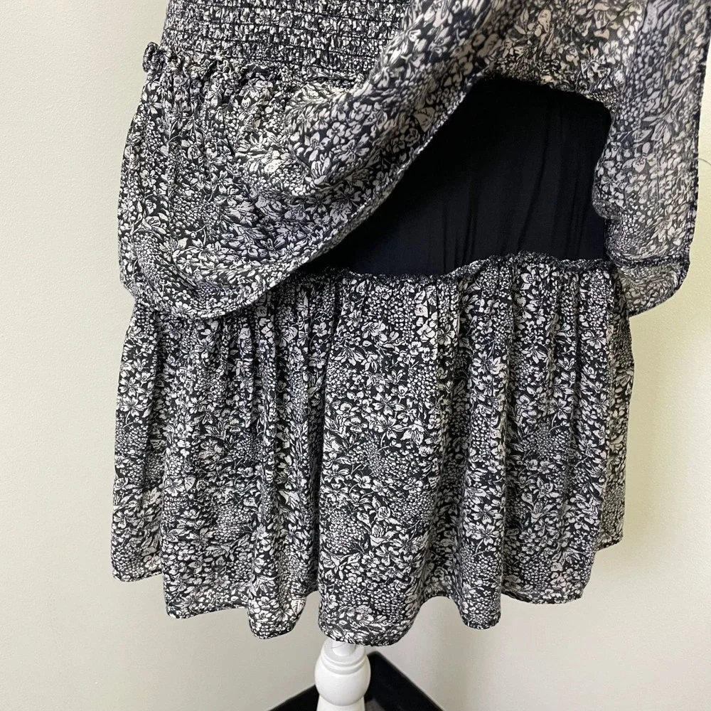 Anthropologie Floral Smocked Tiered Ruffle Mini Skirt S Boho Black White